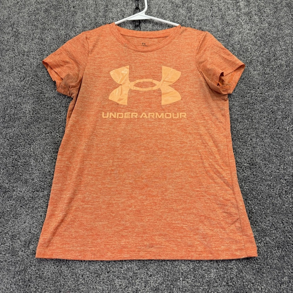 Under Armour Shirt Womens Small Orange Crew Neck Logo Short Sleeve Tee Athletic